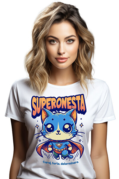 StoryGift Romania Tricou Femei Super Onesta, SuperErou, Pisica Zburand, cu imprimeu pe Fata, 100% WHT_L