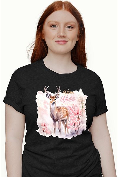 StoryGift Romania Tricou Femei cu cerb cu mesajul "Warm winter wishes", Craciun fericit, ilustrati BLK_L
