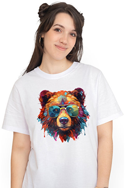 StoryGift Romania Tricou Femei cu un urs cu ochelari, ilustratie, abstract, c...