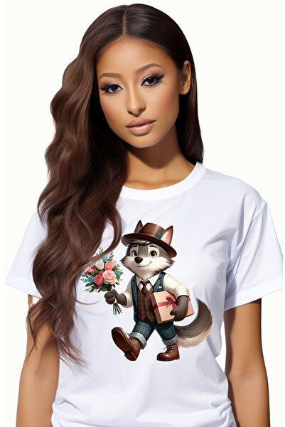 StoryGift Romania Tricou Femei cu un lup care tine un buchet cu flori si un c...