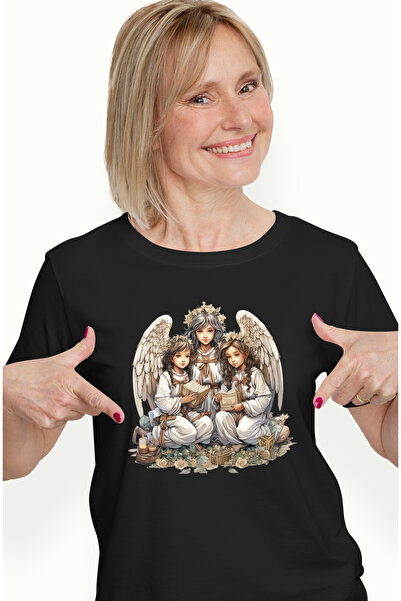 StoryGift Romania Tricou Femei cu 3 fetite dintre care una are aripi de ingeras si le ocroteste pe BLK_M