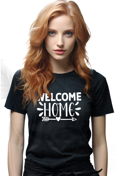 StoryGift Romania Tricou Femei cu mesajul in limba engleza "Welcome home" - bun-venit acasa cu im BLK_L