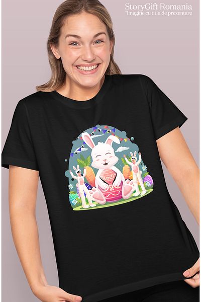 StoryGift Romania Tricou Femei Cu Iepure, Costum, Paste, Morcovi, Oua, Multicolor cu imprimeu pe BLK_L