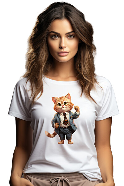 StoryGift Romania Tricou Femei cu un motan la costum, ilustratie, lucreaza la...