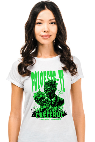 StoryGift Romania Tricou Femei Foloseste-ti Creierul - Zombie Robot fara Creier, cu imprimeu pe F WHT_M