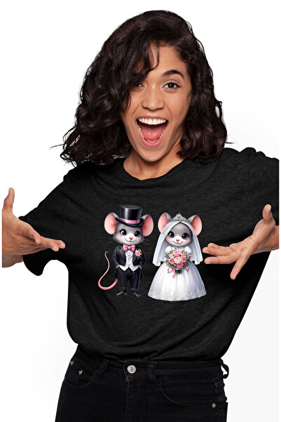 StoryGift Romania Tricou Femei cu 2 soareci la nunta, casatorie, rochie de mi...