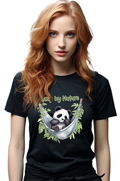 StoryGift Romania Tricou Femei cu un urs panda cu mesajul "Lazy by nature", i...