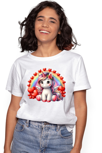 StoryGift Romania Tricou Femei cu un unicorn vesel, inimioare, floricica, imb...