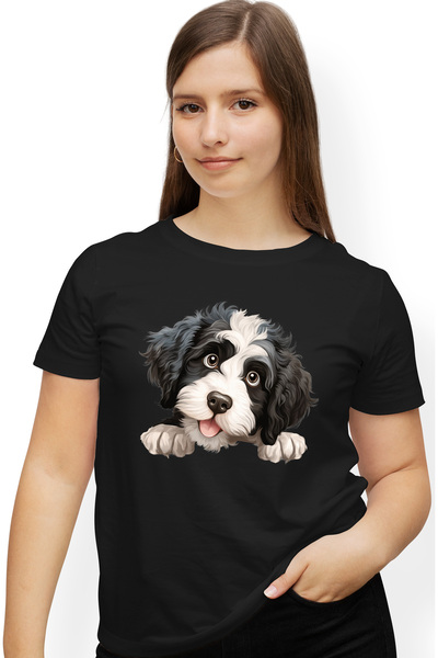 StoryGift Romania Tricou Femei cu un caine vesel, ilustratie, blanos, alb si negru, isi asculta st BLK_L