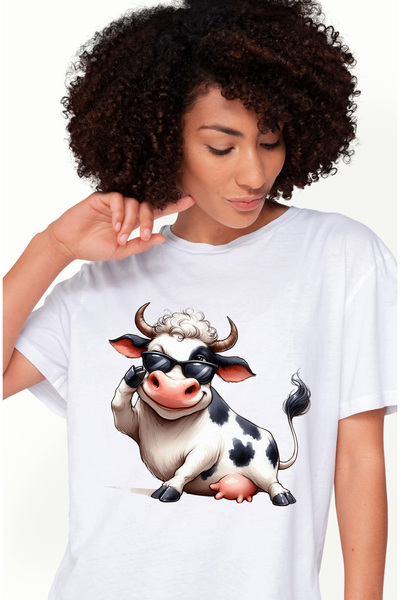 StoryGift Romania Tricou Femei cu o vaca vesela, are ochelari de soare, animal domestic, fericire, WHT_L