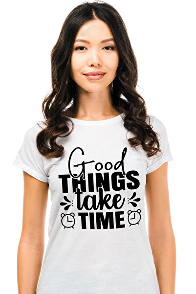 StoryGift Romania Tricou Femei cu ceasuri si cu mesajul motivational "Good things take time" - luc WHT_L