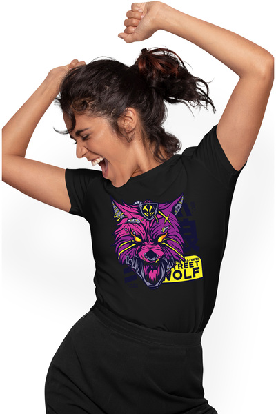 StoryGift Romania Tricou Femei Cu Mesaj Street Wolf, Lup, Robot, Mecha, Sci Fi, Colti, Multicolor BLK_L