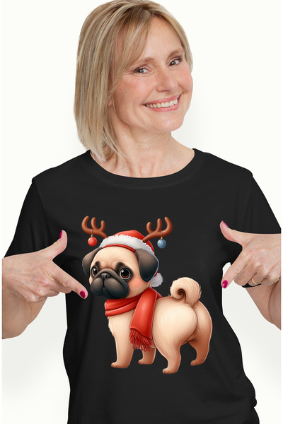 StoryGift Romania Tricou Femei cu un caine Pug care are niste coarne de ren, ...