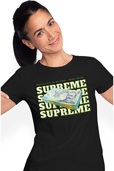 StoryGift Romania Tricou Femei Supreme - 100 Lei Romanesti, cu imprimeu pe Fata, 100% Bumbac, Neg BLK_L