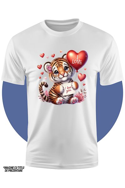 StoryGift Romania Tricou Copii Cu Un Pui De Tigru Care Tine Un Balon In Forma De Inima, Ilustratie, Timid, F