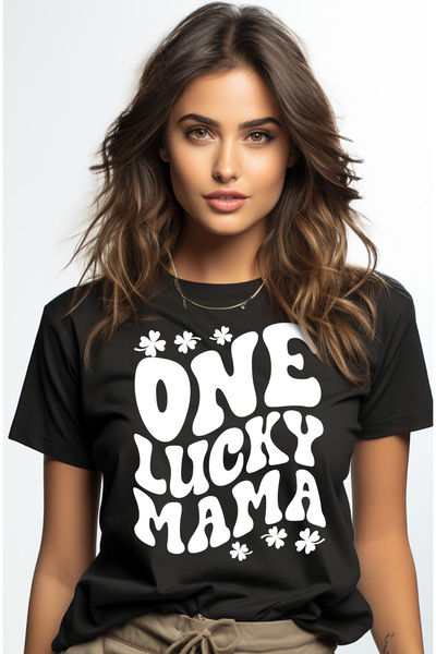 StoryGift Romania Tricou Femei cu trifoi cu patru foi si mesajul in engleza "One lucky mama" - o m BLK_L