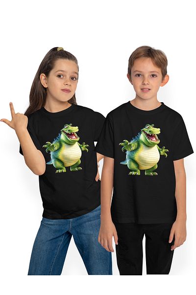StoryGift Romania Tricou Copii Cu Un Dinozaur Verde, Ilustratie, Gras, Obez, A Mancat Prea Mult, Rade, Feric