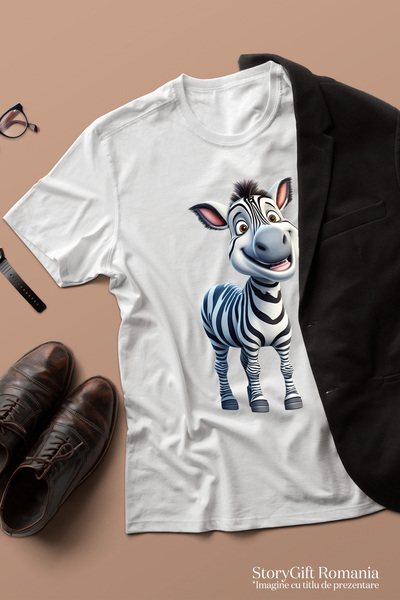 StoryGift Romania Tricou Femei cu o zebra binedispusa, ilustratie, vesela, animal salbatic, jungla WHT_L
