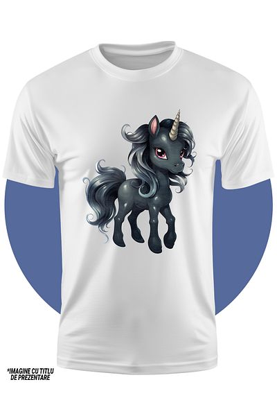 StoryGift Romania Tricou Copii Cu Un Unicorn Negru, Ilustratie, Serios, Creatura Mitica, Din Povesti, Animal