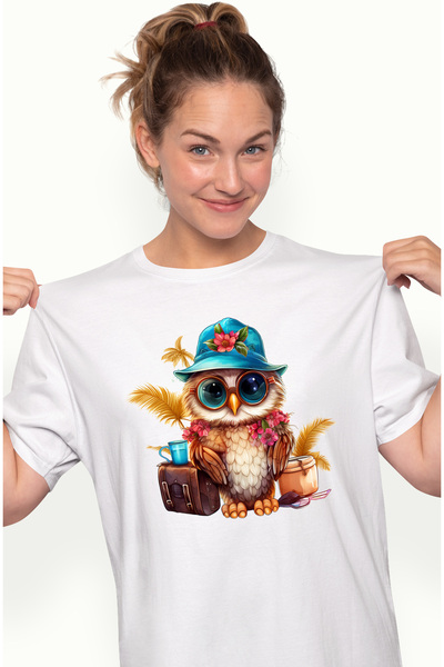 StoryGift Romania Tricou Femei cu o bufnita cu palarie de soare, bagaje, vara...