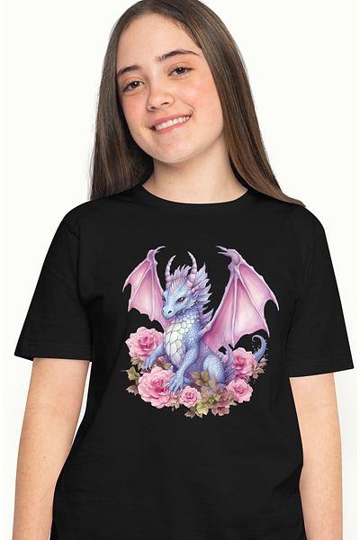 StoryGift Romania Tricou Femei cu un dragon inconjurat cu trandafiri, albastru, roz, ilustratie, c BLK_L
