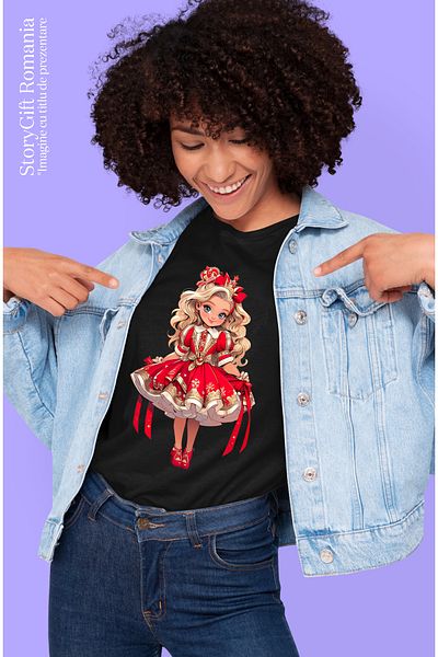 StoryGift Romania Tricou Femei cu o fetita dragalasa, ilustratie, rochie rosie, par blond, bucurie BLK_L
