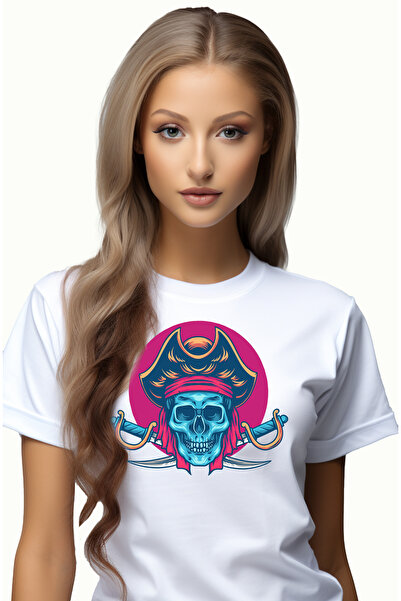 StoryGift Romania Tricou Femei Cu Craniu, Pirat, Sabie, Palarie, Esarfa, Cerc...