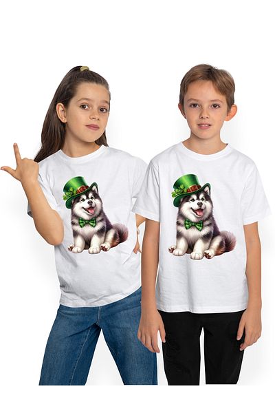 StoryGift Romania Tricou Copii Cu Un Catel Husky Cu Palarie Verde, Ilustratie, Bucurie, Sarbatoare, Sfantul