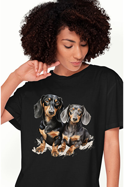 StoryGift Romania Tricou Femei cu 2 catei Dachshund, ilustratie, bucurie, cur...