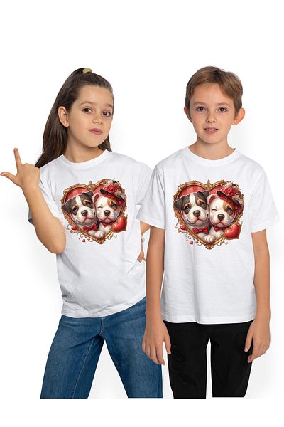 StoryGift Romania Tricou Copii Cu O Catelusa Si Un Catel Intr-un Cadru In Forma De Inima, Ilustratie, Ferici