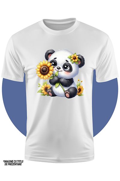 StoryGift Romania Tricou Copii Cu Un Ursulet Panda Imbujorat, Ilustratie, Flori, Floarea-soarelui, Copilarie