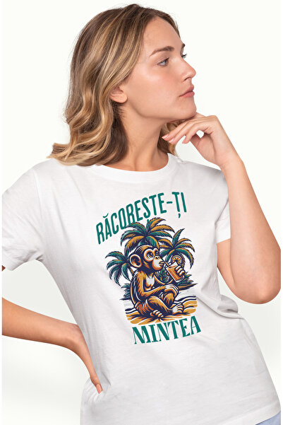 StoryGift Romania Tricou Femei Racoreste-ti mintea, vibe-uri de vara maimuta relaxare cu imprimeu WHT_L