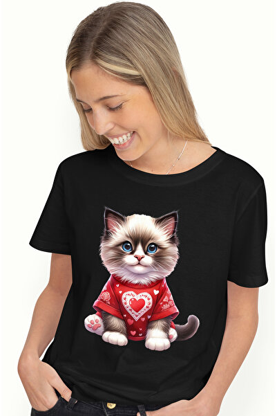 StoryGift Romania Women's T-shirt with a kitten wearing a t-shirt with hearts, illustration, happy BLK_L