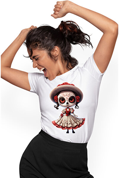 StoryGift Romania Tricou Femei cu o femeie cu machiaj horror, Dia de Muertos, Mexic, sarbatoare, r WHT_L