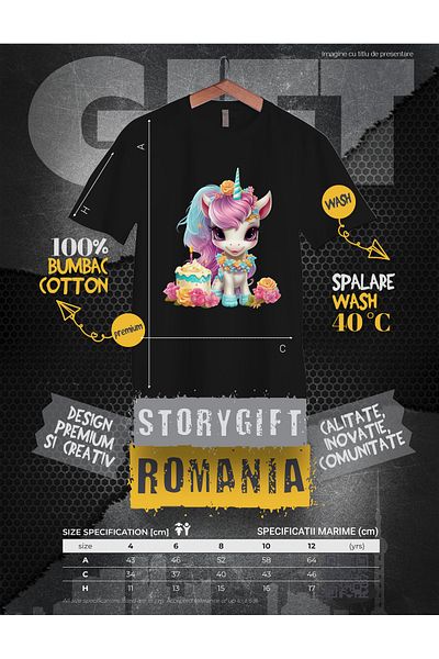 StoryGift Romania Tricou Copii cu un unicorn vesel, ilustratie, tort, imbujorata, floricele, sarbatorita, du