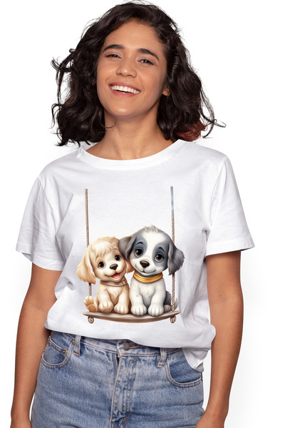 StoryGift Romania Tricou Femei cu 2 catelusi care se dau in leagan, ilustrati...