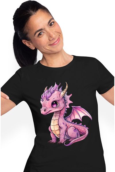 StoryGift Romania Tricou Femei cu un pui de dragon roz, ilustratie, putin trist, creatura mitica, BLK_L
