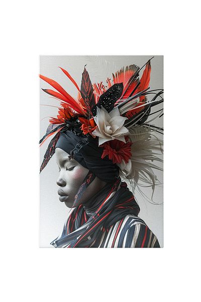 StoryGift Romania Tablou Canvas Dama Din Africa Cu Accesoriu In Par Cu Pene Si Fori Colorate Cu Buze Mari Si Och