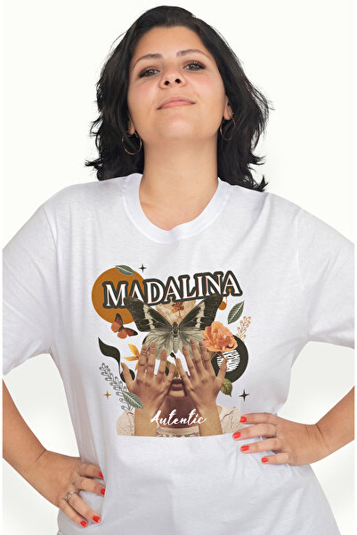 StoryGift Romania Tricou Femei Cu Numele Madalina, Colaj Fata, Fluture, Flori, Cerc, cu imprimeu WHT_M