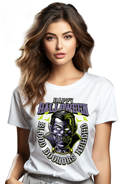 StoryGift Romania Tricou Femei Cu Mesaj In Engleza Happy Halloween, Vampir, Dracula, Lilieci, Mult WHT_M