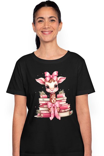 StoryGift Romania Tricou Femei cu o girafa vesela, ilustratie, teancuri cu carti, lectura, pentru BLK_L