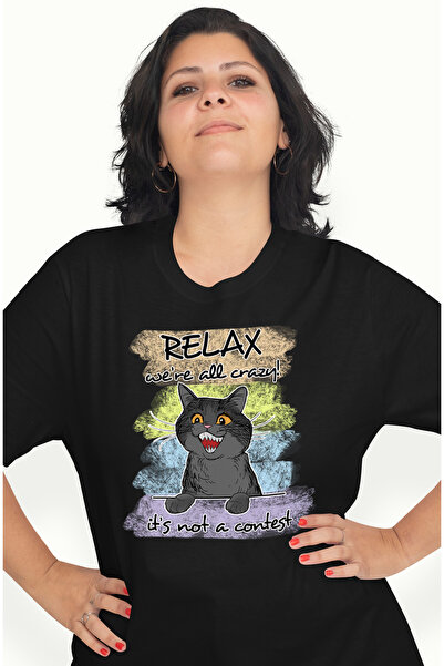 StoryGift Romania Tricou Femei cu pisica neagra cu mesajul "Relax, we're all ...