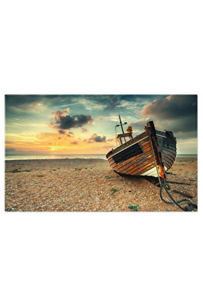 StoryGift Romania Tablou Canvas Rasarit La Marea Nordului, Barci De Pescuit, Plaja, Apa, Norvegia, Cer Roz. 3970