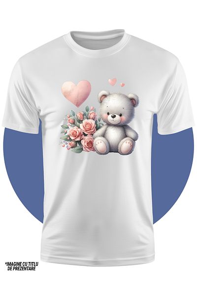 StoryGift Romania Tricou Copii Cu Un Ursulet De Plus, Ilustratie, Inima, Funda, Buchet Cu Flori, Lalele, Iub