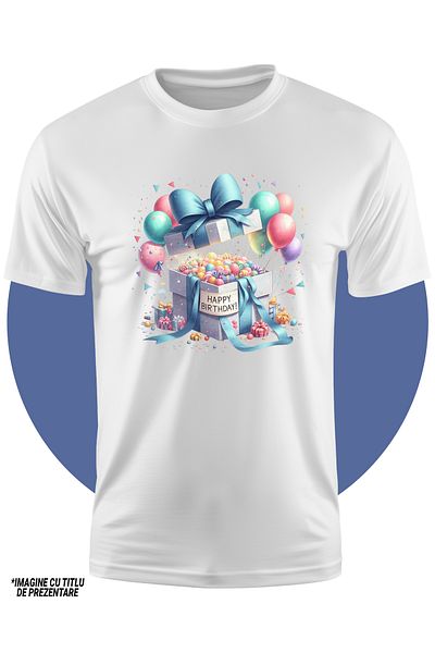 StoryGift Romania Tricou Copii Cu Un Cadou Deschis Cu Mesajul "happy Birthday", Ilustratie, Multe Bomboane S
