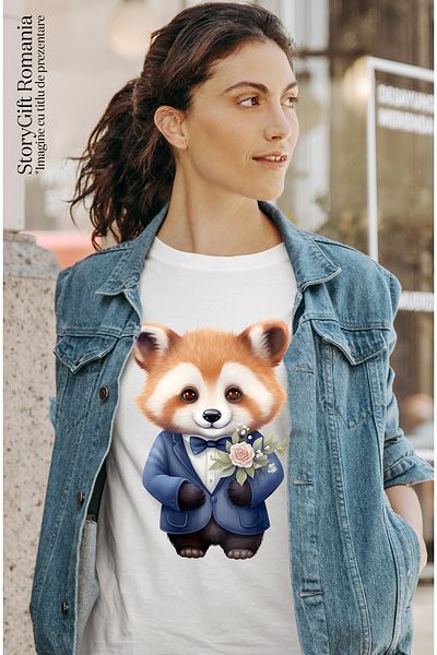 StoryGift Romania Tricou Femei cu un urs Panda Rosu vesel, ilustratie, sacou, camasa, papion, part WHT_L
