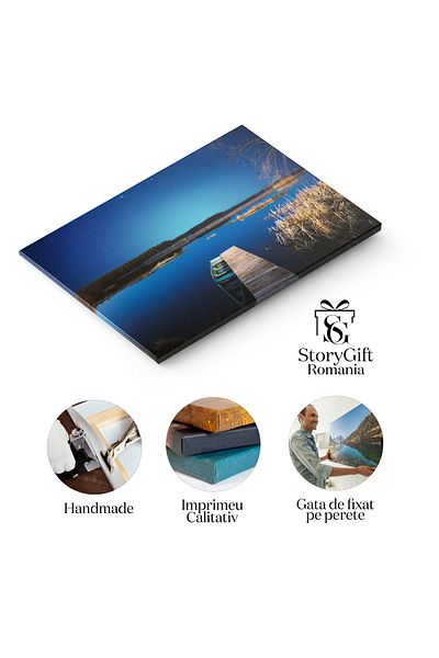 StoryGift Romania Tablou Canvas - Reflectii La Apus: Barca Pe Lac, Lumina Difuza Si Momente De Liniste