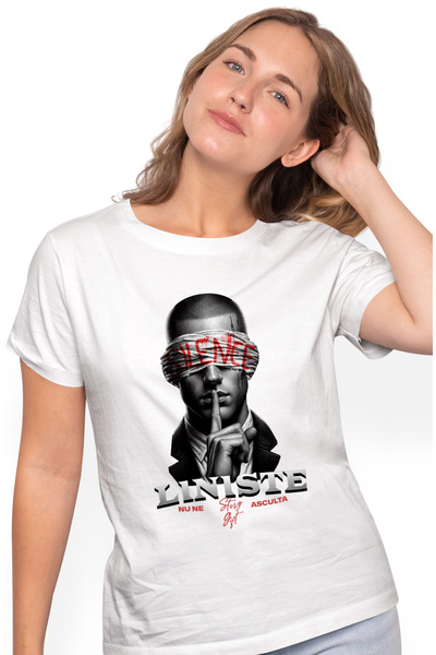 StoryGift Romania Tricou Femei Om cu degetul la gura liniste opinie publica cu imprimeu pe Fata, 1 WHT_M