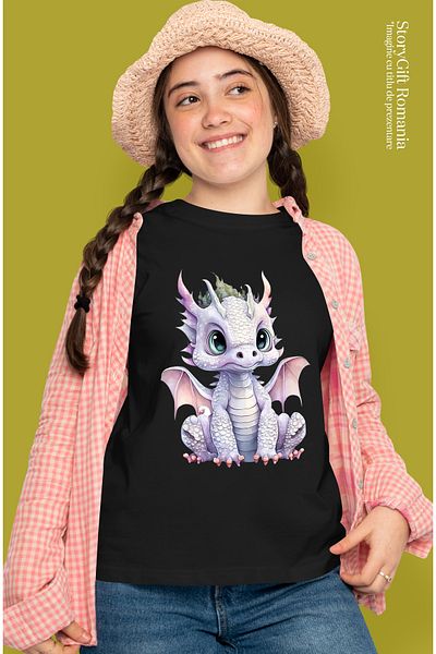 StoryGift Romania Tricou Femei cu un pui de dragon alb, ilustratie, serios, aripi deschise, copila BLK_M