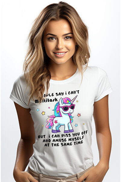 StoryGift Romania Tricou Femei cu un unicorn cu ochelari, ilustratie, mesajul "People say I can't WHT_L